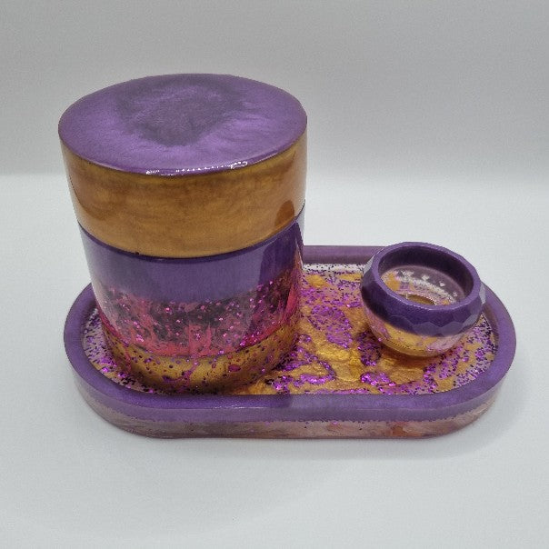 Cosmic Purple & Gold 3-piece Set - Decorative Storage Jar, Tray and Trinket Pot