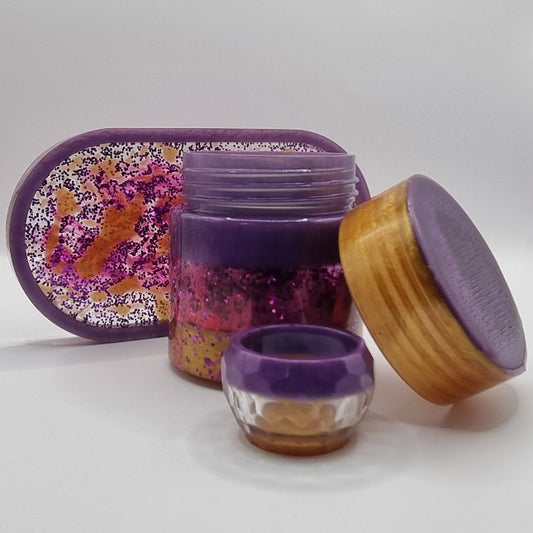 Cosmic Purple & Gold 3-piece Set - Decorative Storage Jar, Tray and Trinket Pot