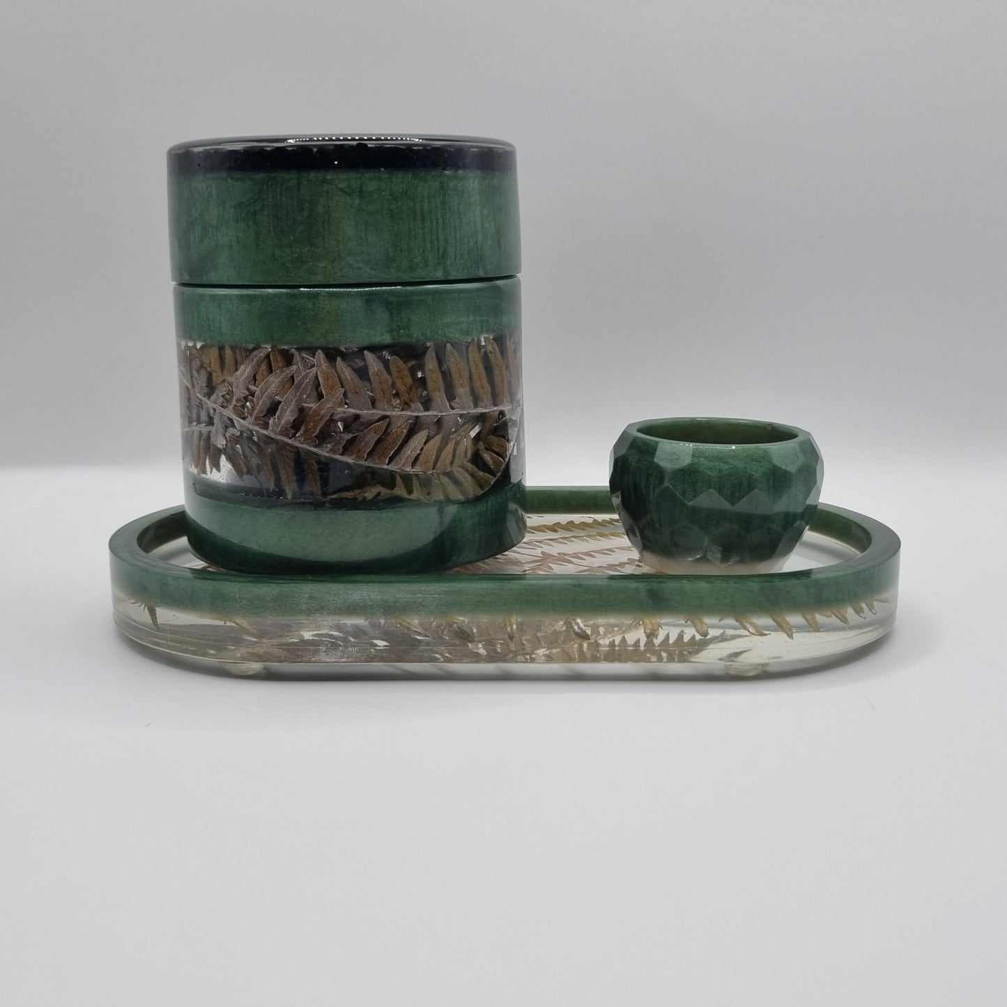Rain Forest 3-piece Set - Decorative Fern Design - Storage Jar, Tray and Trinket Pot