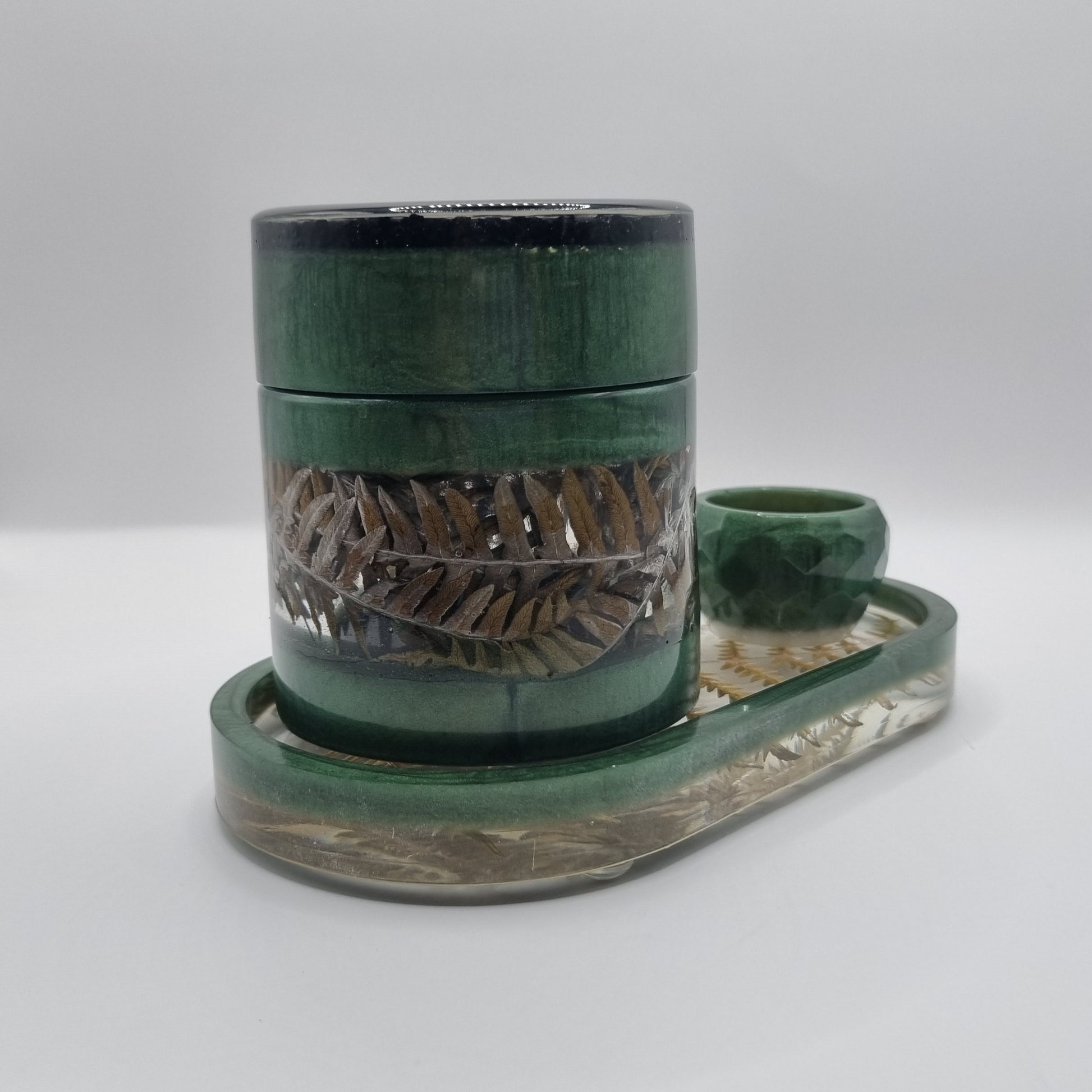 Rain Forest 3-piece Set - Decorative Fern Design - Storage Jar, Tray and Trinket Pot