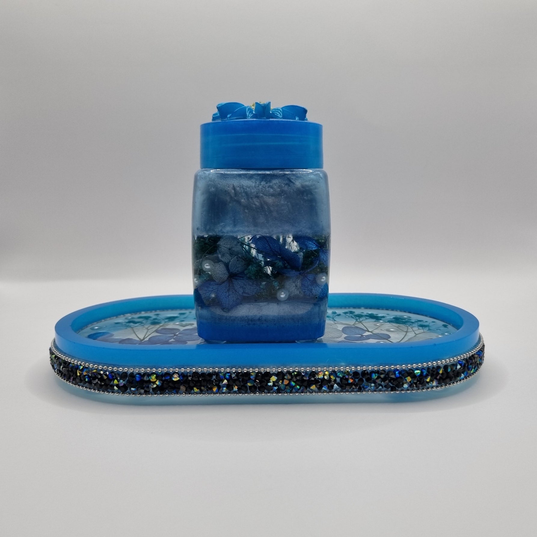 Blue Flowers & Pearls 2-piece Set - Decorative Small Storage Jar and Tray