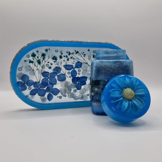 Blue Flowers & Pearls 2-piece Set - Decorative Small Storage Jar and Tray