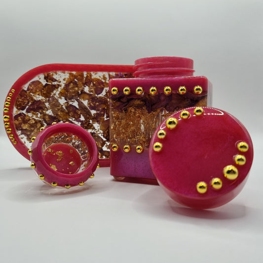Fuchsia & Gold Rose Bouquet 3-piece Set - Decorative Storage Jar, Tray and Trinket Pot