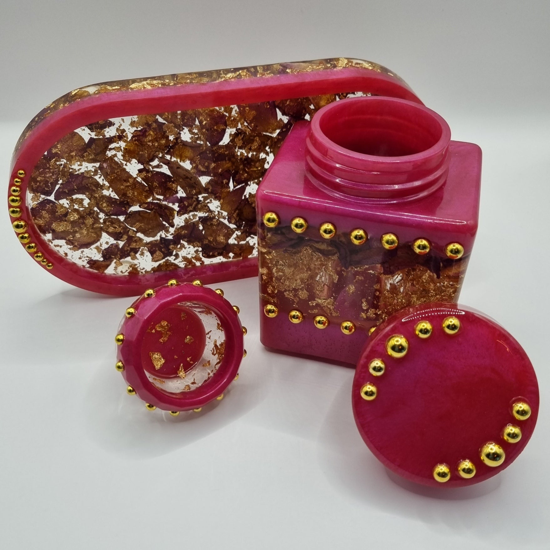 Fuchsia & Gold Rose Bouquet 3-piece Set - Decorative Storage Jar, Tray and Trinket Pot