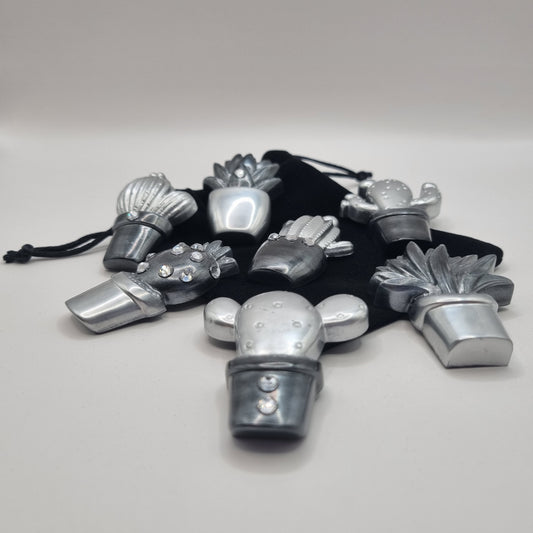 Set of 7 Metallic Silver & Black Cactus Fridge Magnets