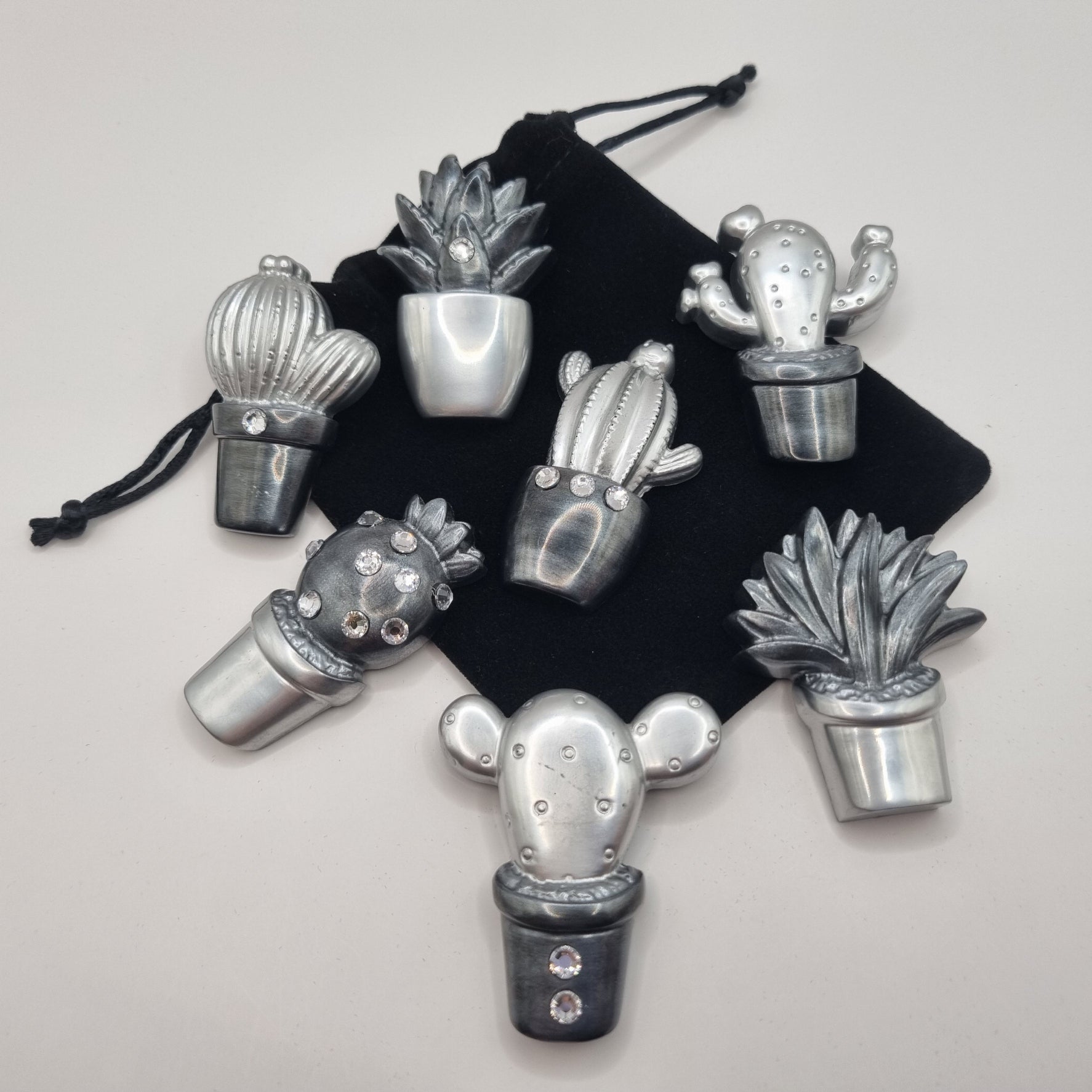 Set of 7 Metallic Silver & Black Cactus Fridge Magnets