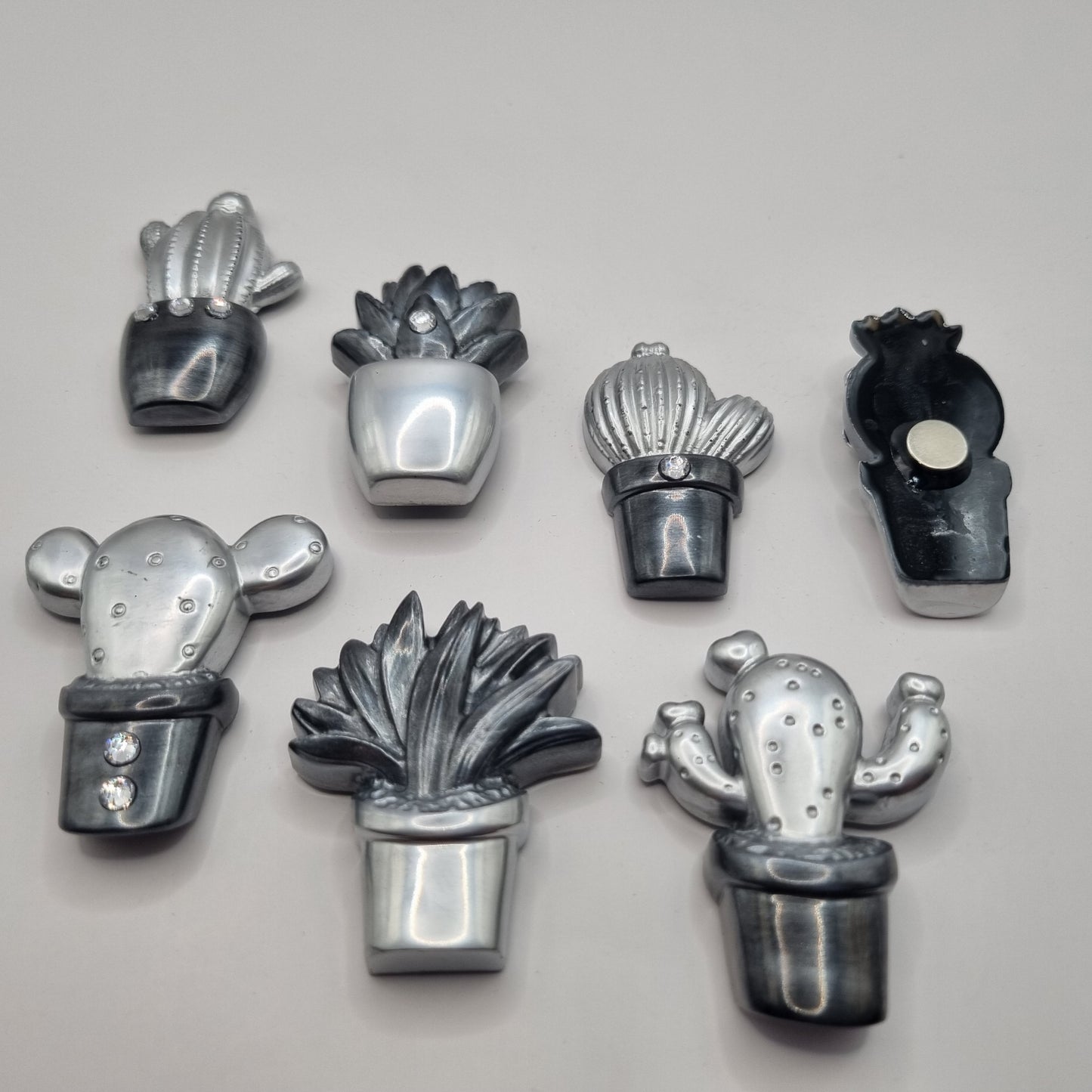 Set of 7 Metallic Silver & Black Cactus Fridge Magnets