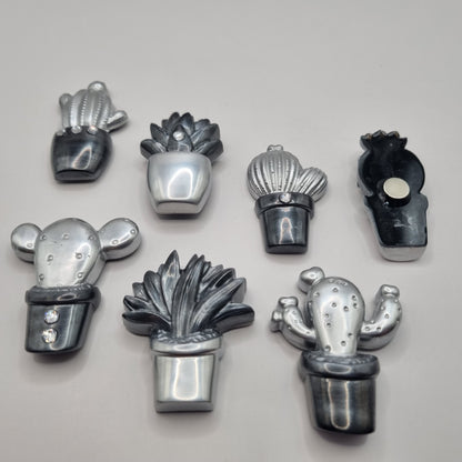 Set of 7 Metallic Silver & Black Cactus Fridge Magnets